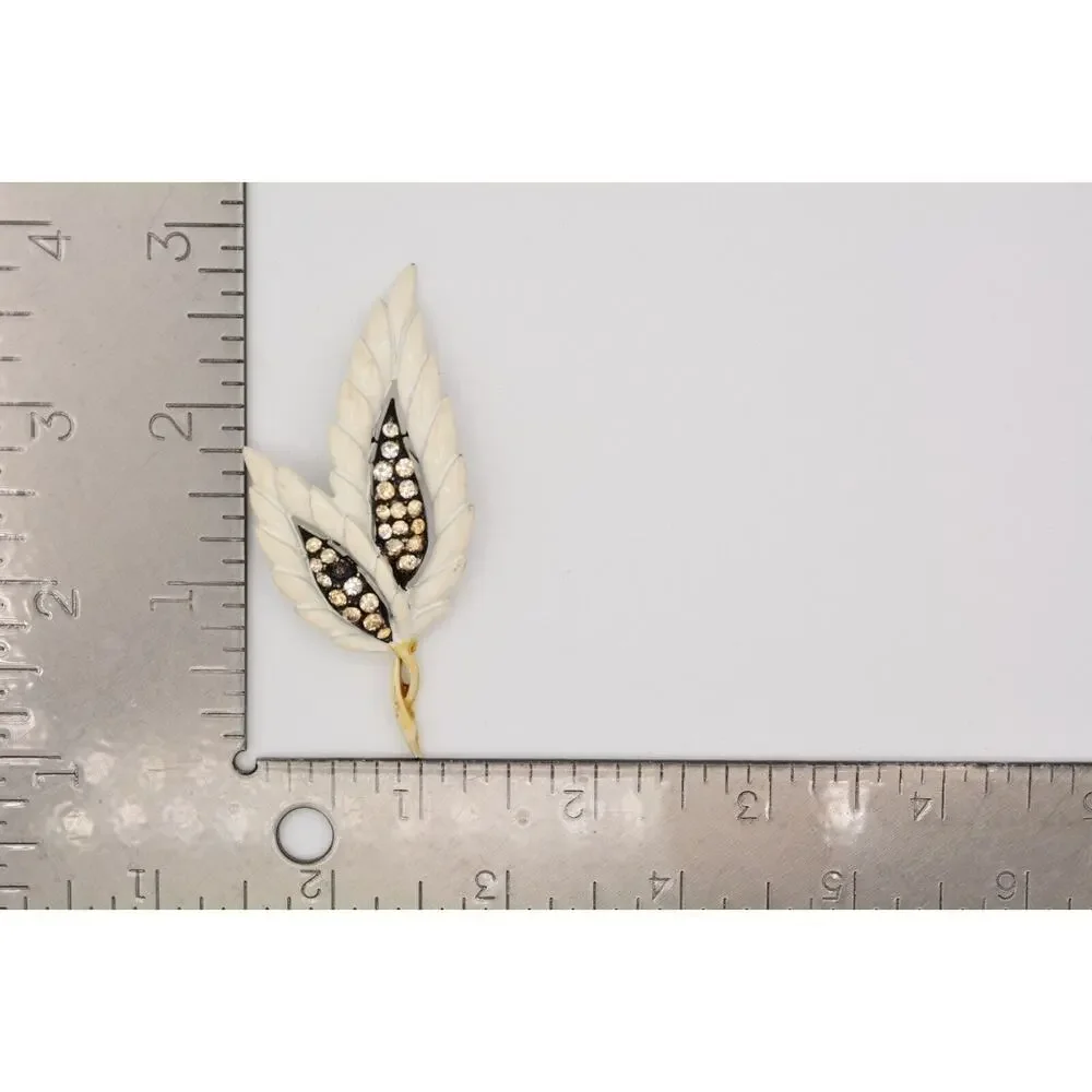 Vintage Leaf Pin Brooch Rhinestone Crystal White Enamel Chunky 1990s BinAT